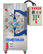 Front view of semi automatic horizontal steam sterilizer with radial arm locking door, jacket and chamber pressure gauges, exhaust valves and basic control panel