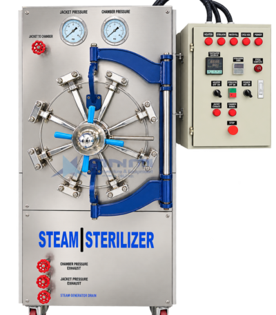 Front view of semi automatic horizontal steam sterilizer with radial arm locking door, jacket and chamber pressure gauges, exhaust valves and basic control panel