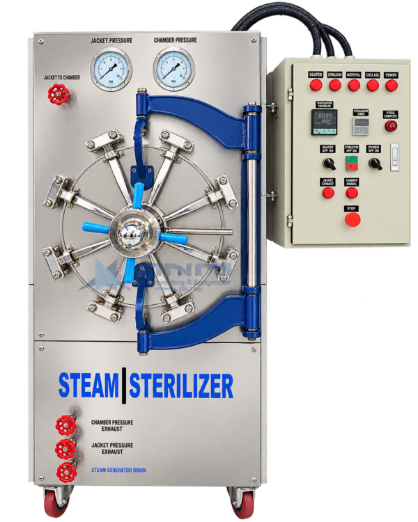 Front view of semi automatic horizontal steam sterilizer with radial arm locking door, jacket and chamber pressure gauges, exhaust valves and basic control panel