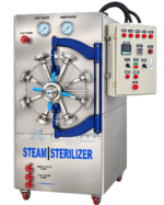 Horizontal jacketed steam sterilizer with jacket to chamber valve, chamber pressure exhaust, jacket pressure exhaust and steam generator drain valves on castors