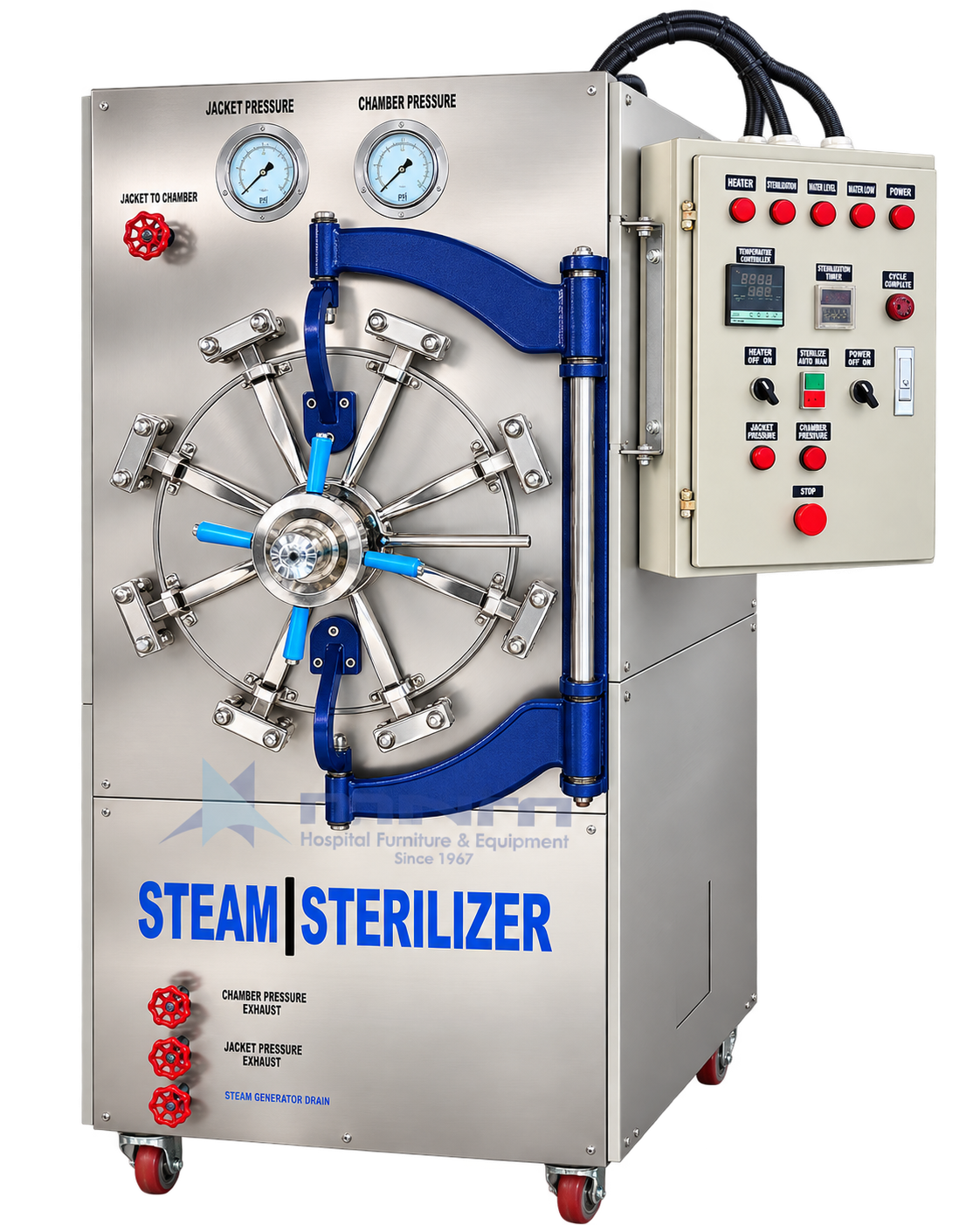 Semi Automatic Horizontal Jacketed Steam Sterilizer Horizontal jacketed steam sterilizer with jacket to chamber valve, chamber pressure exhaust, jacket pressure exhaust and steam generator drain valves on castors