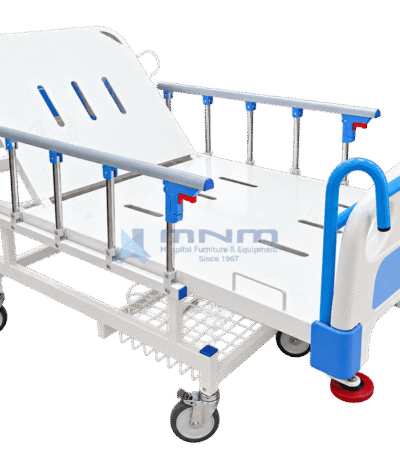 Manual semi Fowler hospital bed with backrest raised, white steel platform, collapsible aluminium side rails, blue and white ABS head and foot boards with push handles, crank handle and under-bed basket