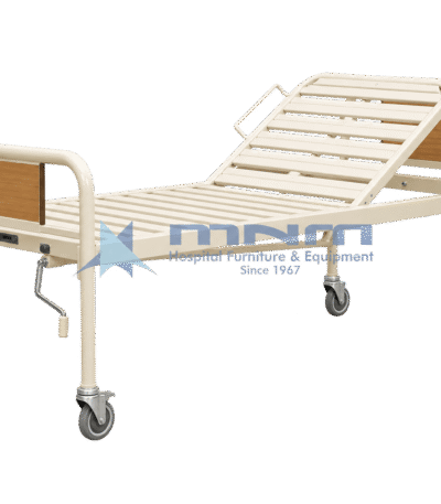 Manual semi Fowler hospital bed with beige powder-coated tubular steel frame, slatted platform with backrest raised, wood-finish head and foot panels, single crank handle and castors