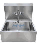 Front view of a stainless steel single bowl scrub sink showing the full height of the backsplash and the depth of the basin