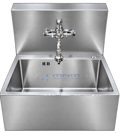 Stainless steel single bowl scrub sink with deep basin, tall backsplash, chrome wall mounted mixer tap and overflow slots
