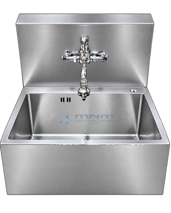 Stainless steel single bowl scrub sink with deep basin, tall backsplash, chrome wall mounted mixer tap and overflow slots