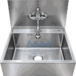 Stainless steel single bowl scrub sink with deep basin, tall backsplash, chrome cross-handle wall mixer tap and panelled apron