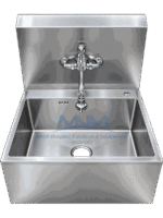 Stainless steel single bowl scrub sink with deep basin, tall backsplash, chrome cross-handle wall mixer tap and panelled apron