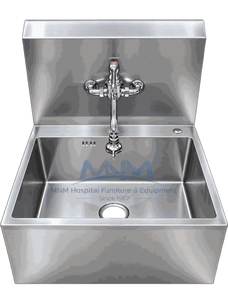 Stainless steel single bowl scrub sink with deep basin, tall backsplash, chrome cross-handle wall mixer tap and panelled apron