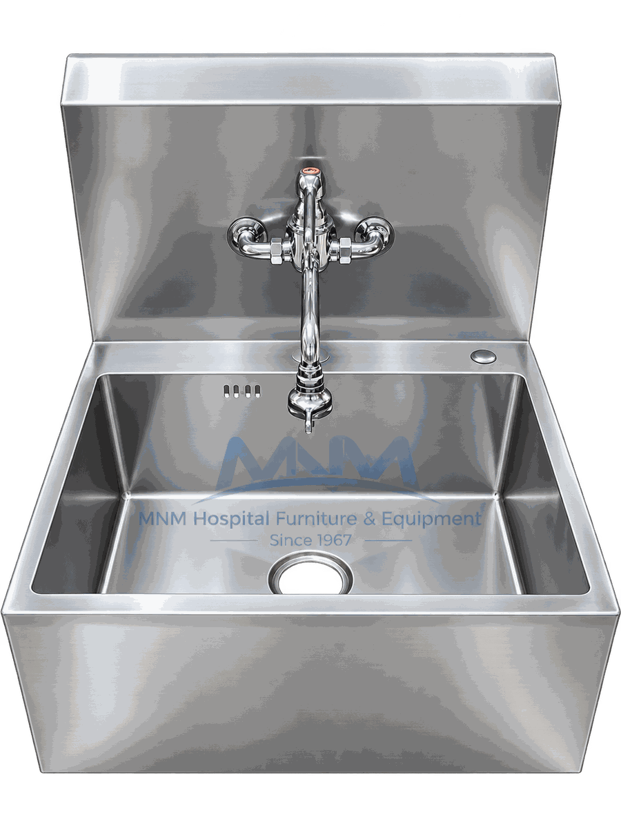 Single Bowl Scrub Sink with Wall Mounted Mixer Tap Stainless steel single bowl scrub sink with deep basin, tall backsplash, chrome cross-handle wall mixer tap and panelled apron