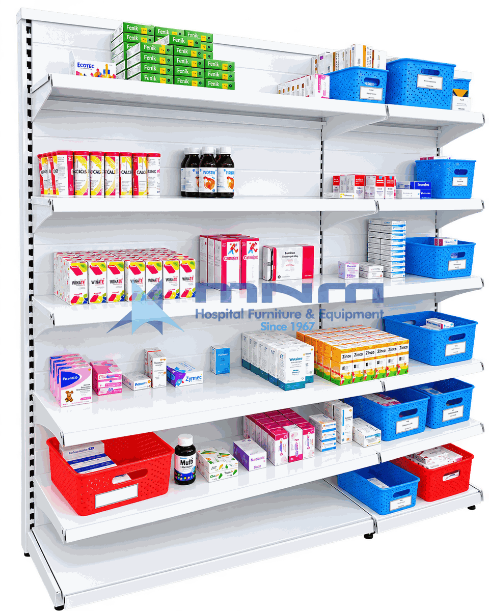Single Sided Gondola Rack with Slatted Back Panel, Pharmacy Display Single sided gondola rack with white slatted back panel and six shelves stocked with medicine cartons, syrup bottles and labelled dispensing baskets
