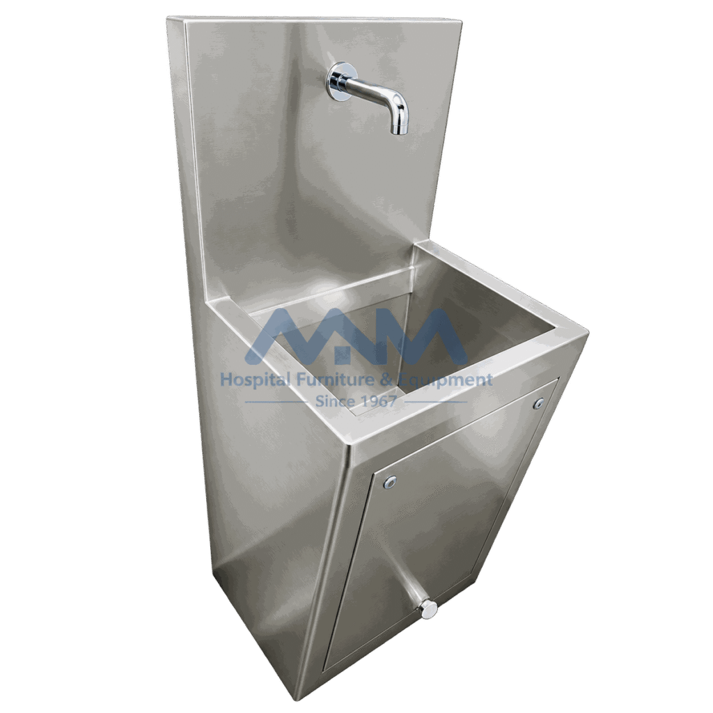 Stainless steel single station surgical scrub sink with tall backsplash, wall-mounted spout and a knee-operated valve lever below the panelled front