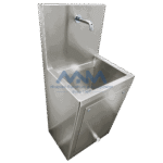 Stainless steel single station surgical scrub sink with tall backsplash, wall-mounted spout and a knee-operated valve lever below the panelled front