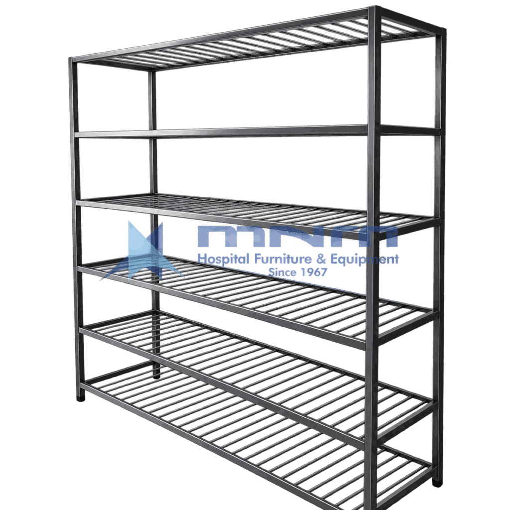 Welded steel storage rack with six open slatted shelves that allow air to circulate through the stock