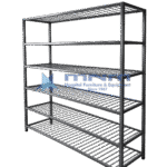 Welded steel storage rack with six open slatted shelves that allow air to circulate through the stock