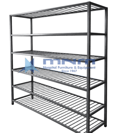 Welded steel storage rack with six open slatted shelves that allow air to circulate through the stock