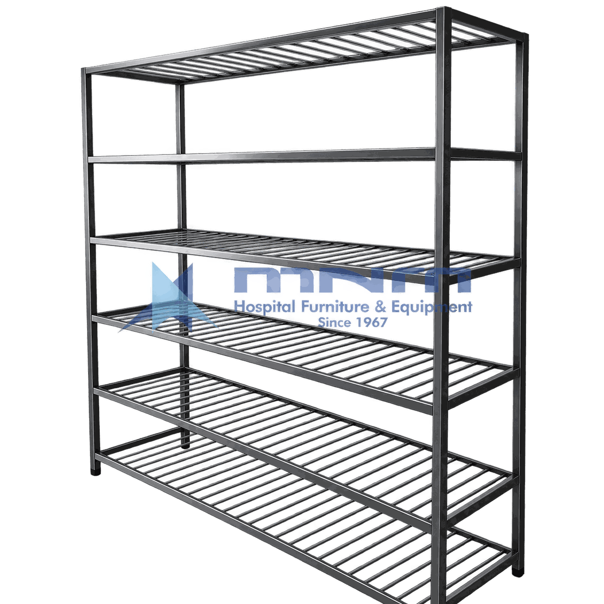 Slatted Open Shelf Storage Rack with Ventilated Steel Shelves Welded steel storage rack with six open slatted shelves that allow air to circulate through the stock