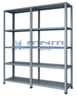 Double bay slotted angle shelving rack with two joined bays, five steel shelves per bay and levelling feet