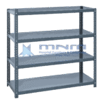 Grey slotted angle shelving rack with four powder-coated steel shelves and bolted round hole uprights