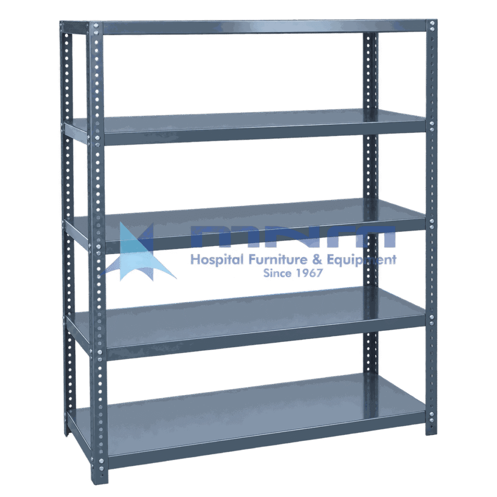 Grey slotted angle shelving rack with bolted round hole uprights and five powder-coated steel shelves