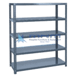 Grey slotted angle shelving rack with bolted round hole uprights and five powder-coated steel shelves