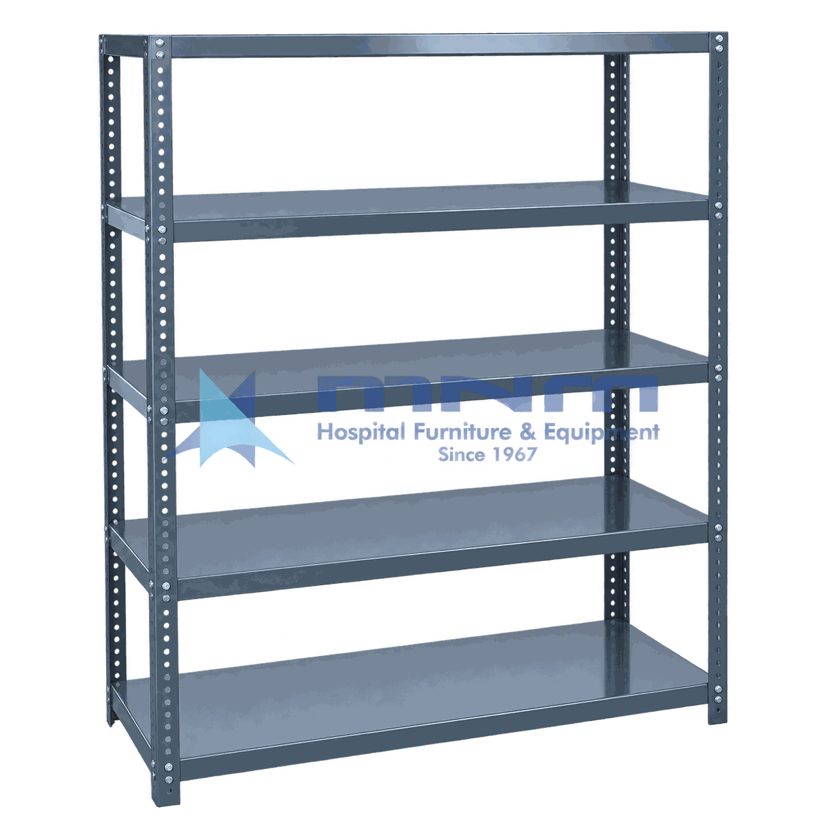 Slotted Angle Shelving Rack with Steel Shelves, 5 Tier Grey slotted angle shelving rack with bolted round hole uprights and five powder-coated steel shelves