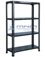 Black slotted angle shelving rack with bolted uprights and four steel shelves