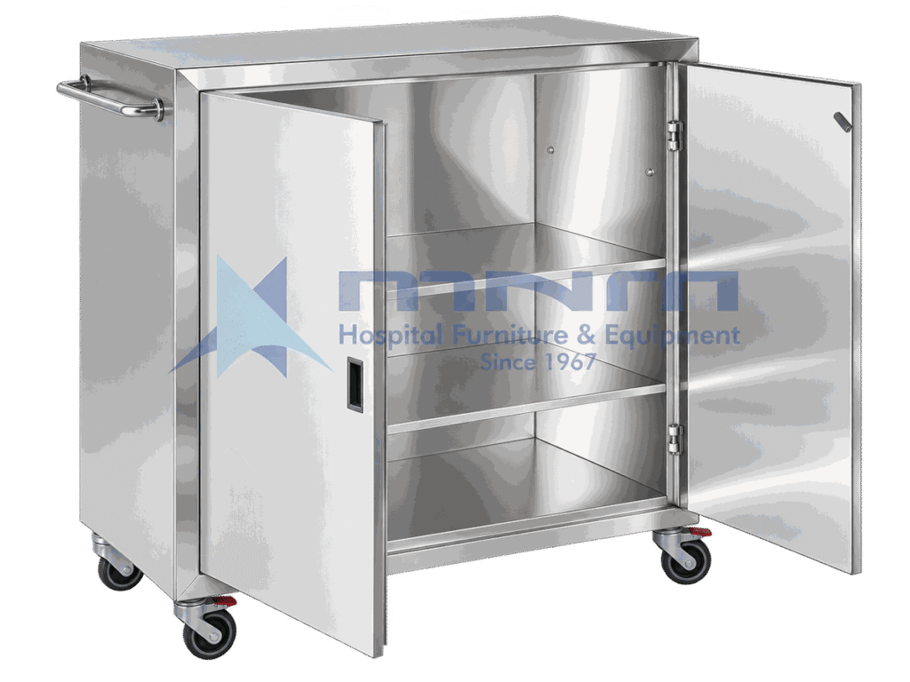 Stainless steel closed case cart with both hinged doors open showing three internal shelves, tubular push handle and four braked castors