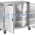 Stainless steel closed case cart with both hinged doors open showing three internal shelves, tubular push handle and four braked castors