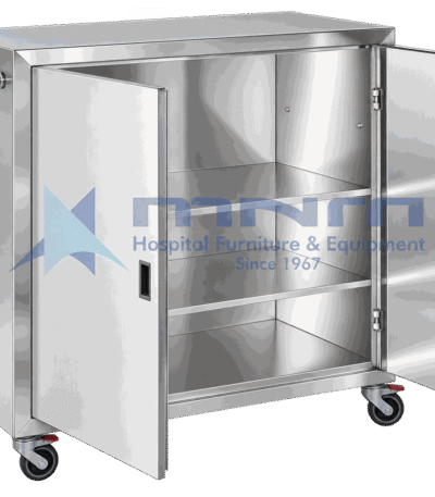 Stainless steel closed case cart with both hinged doors open showing three internal shelves, tubular push handle and four braked castors