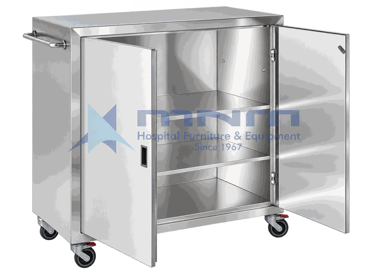 Stainless Steel Closed Case Cart Transport Trolley with Doors Stainless steel closed case cart with both hinged doors open showing three internal shelves, tubular push handle and four braked castors