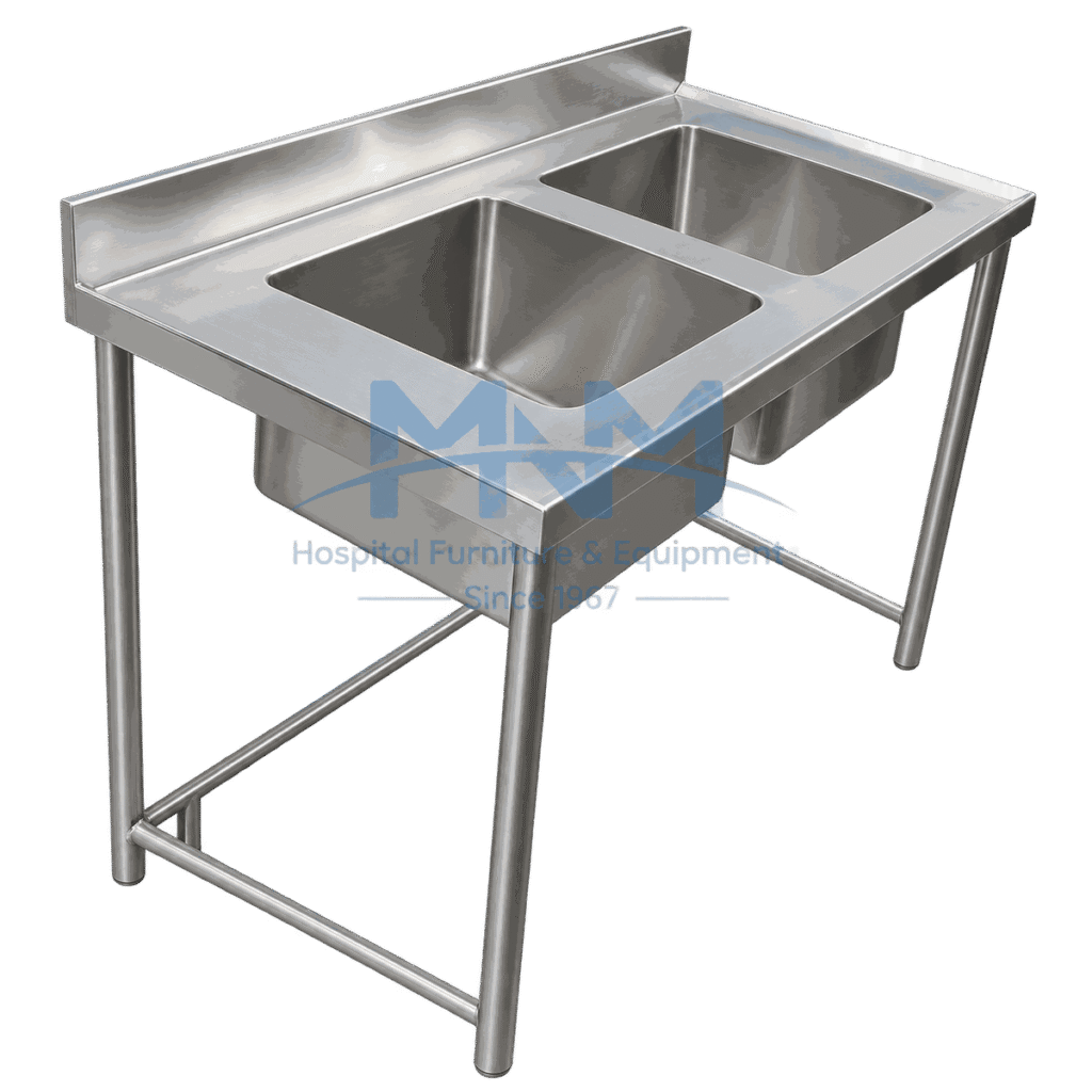 Stainless steel double bowl sink table on tubular legs with a rear backsplash and cross bracing between the legs