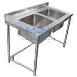 Stainless steel double bowl sink table on tubular legs with a rear backsplash and cross bracing between the legs