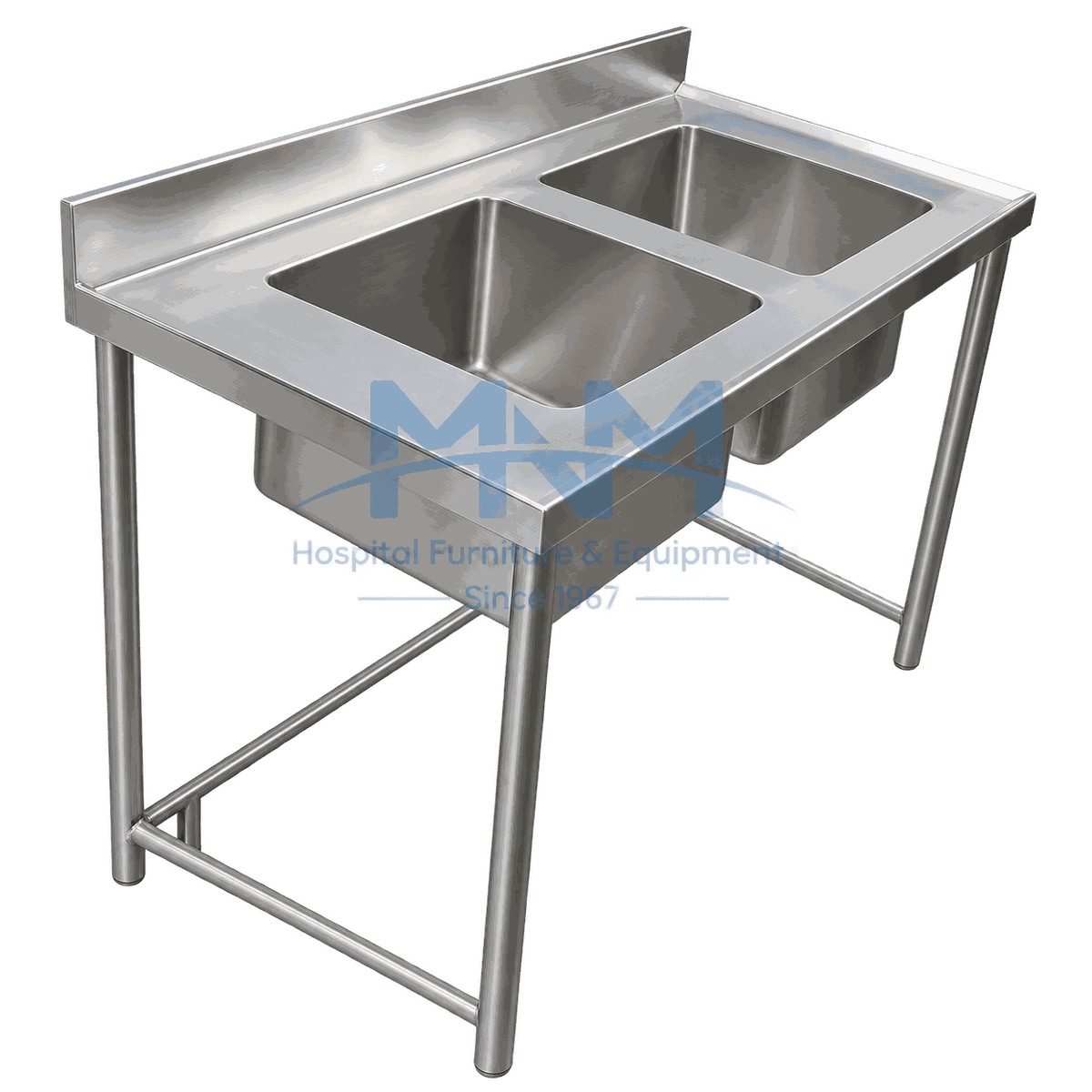 Stainless Steel Double Bowl Sink Table with Backsplash Stainless steel double bowl sink table on tubular legs with a rear backsplash and cross bracing between the legs