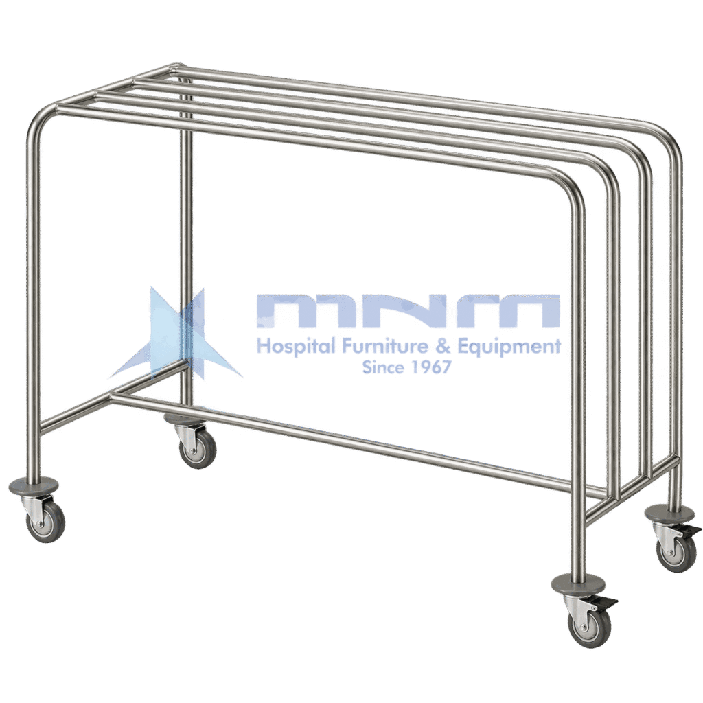 Stainless steel drape trolley with three parallel hanging rails at equal height on a welded tubular frame with four castors