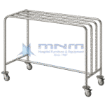 Stainless steel drape trolley with three parallel hanging rails at equal height on a welded tubular frame with four castors