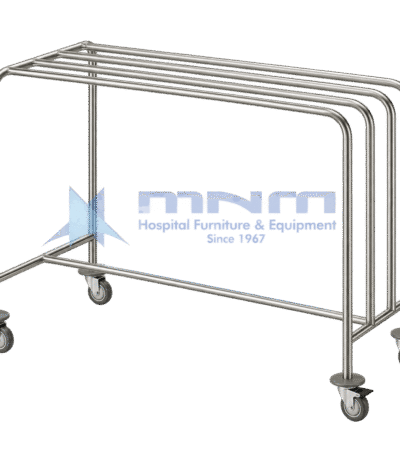 Stainless steel drape trolley with three parallel hanging rails at equal height on a welded tubular frame with four castors