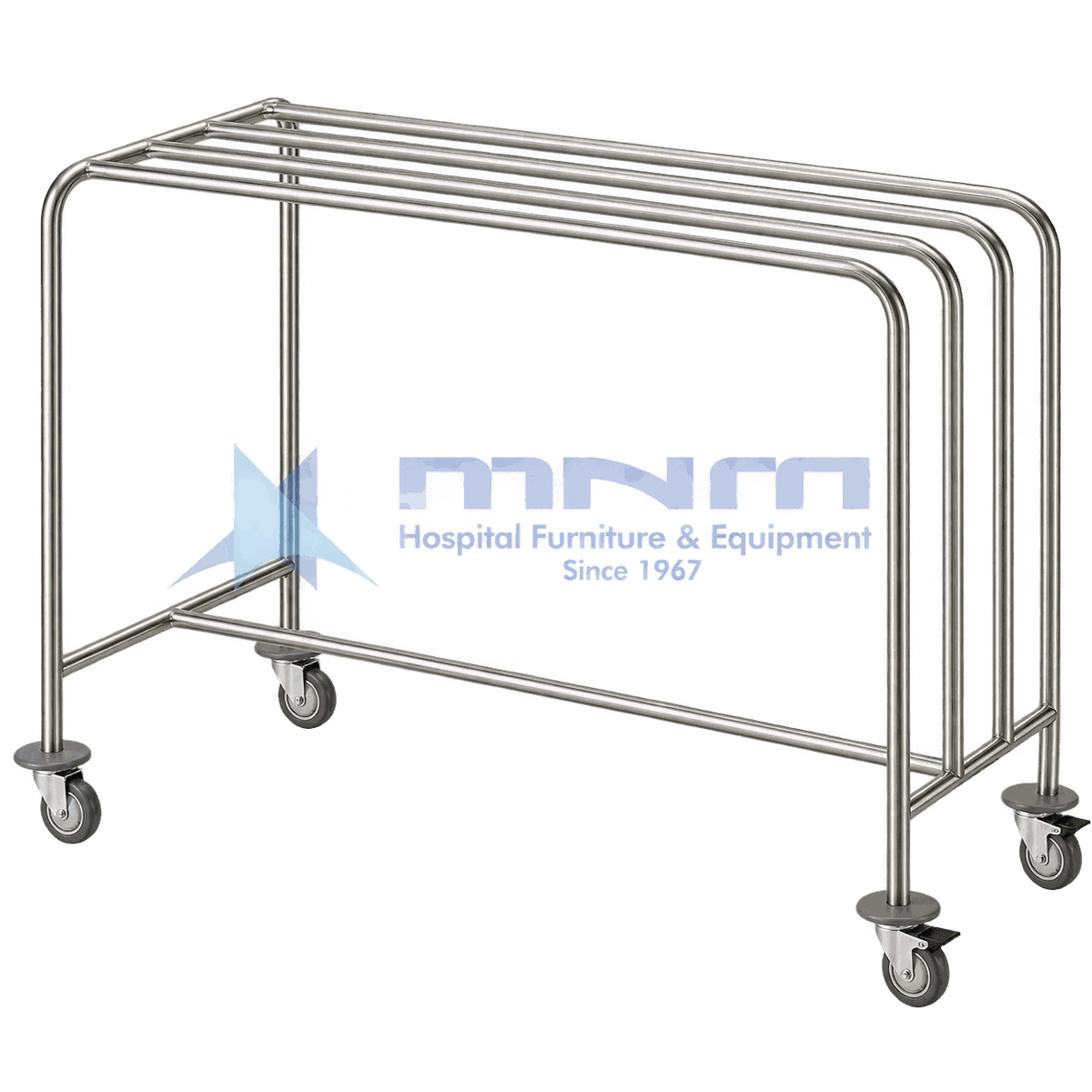 Stainless Steel Drape and Linen Rail Trolley, Three Level Rails Stainless steel drape trolley with three parallel hanging rails at equal height on a welded tubular frame with four castors