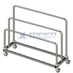 Stainless steel drape trolley with three U-shaped hanging rails set at stepped heights on a flat base frame with castors and bumper strip