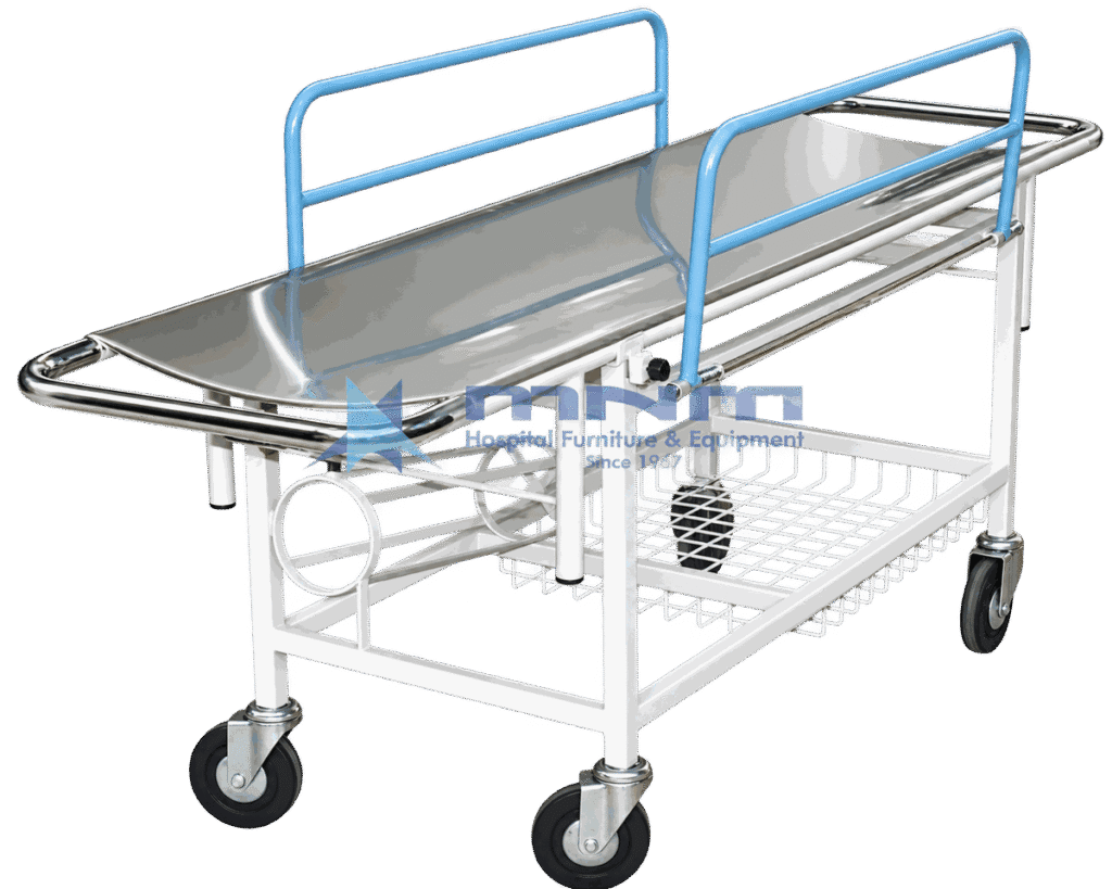 Stainless steel flat deck stretcher trolley with light blue drop-down side rails, lower wire basket and an oxygen cylinder holder on castors
