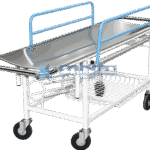 Stainless steel flat deck stretcher trolley with light blue drop-down side rails, lower wire basket and an oxygen cylinder holder on castors