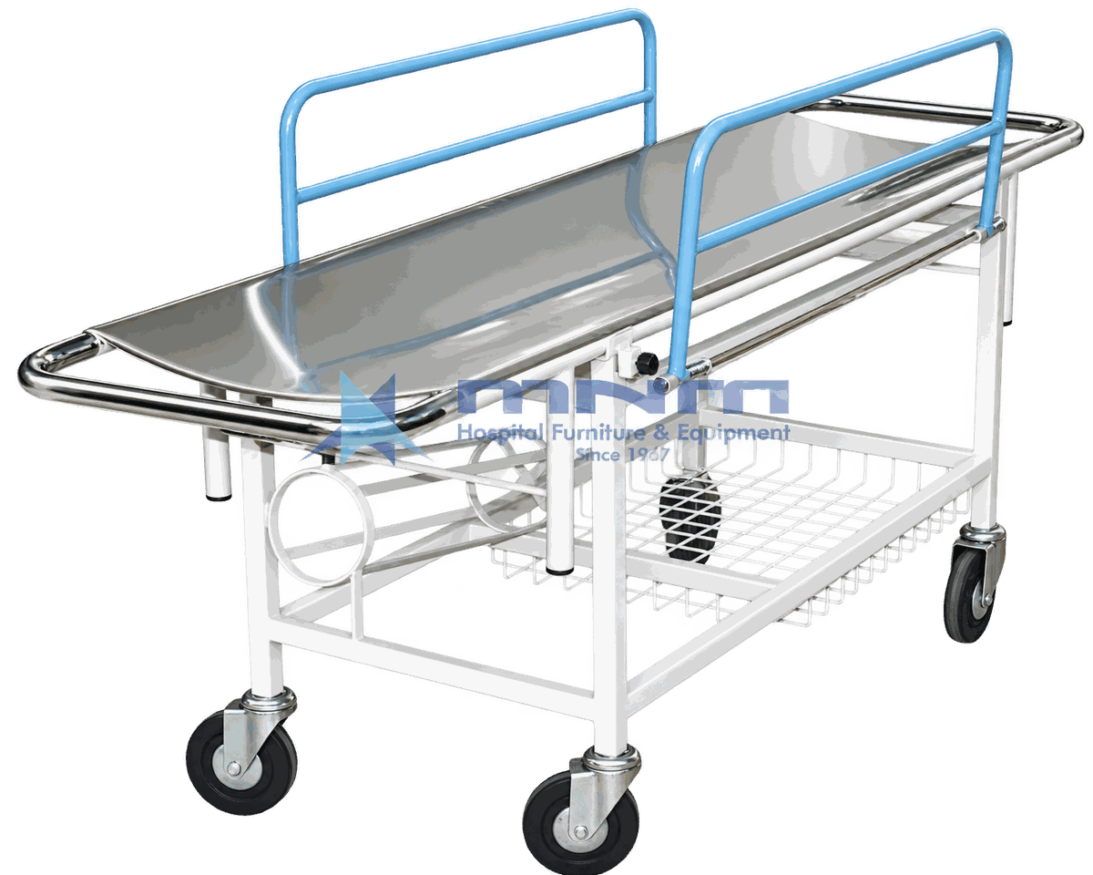 Stainless Steel Flat Deck Stretcher Trolley with Oxygen Cylinder Holder Stainless steel flat deck stretcher trolley with light blue drop-down side rails, lower wire basket and an oxygen cylinder holder on castors
