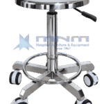 Stainless steel stool with polished seat, gas lift column with release lever, chrome footring and a five star stainless base on castors