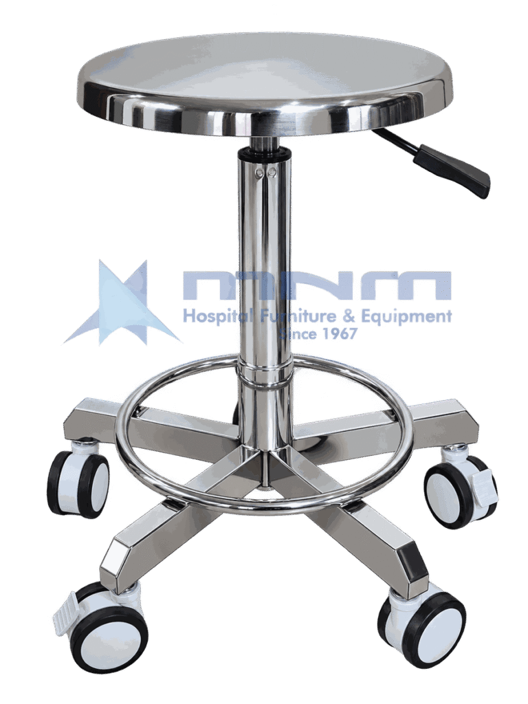 Stainless steel stool with polished seat, gas lift column with release lever, chrome footring and a five star stainless base on castors