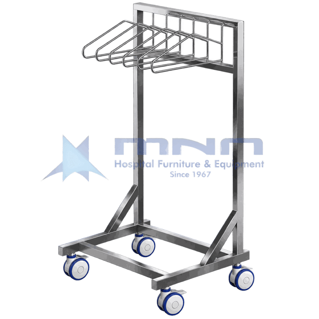 Stainless steel gown and apron hanging trolley with a slotted top rack holding six hangers, A-frame base and four castors