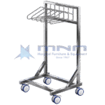 Stainless steel gown and apron hanging trolley with a slotted top rack holding six hangers, A-frame base and four castors
