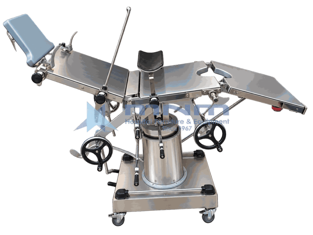 Manual stainless steel operating table with unupholstered sectional steel top, kidney cutout, twin handwheels and castors