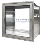 Stainless steel pass through cabinet built into a wall with glass viewing doors on both sides and a tubular pull handle