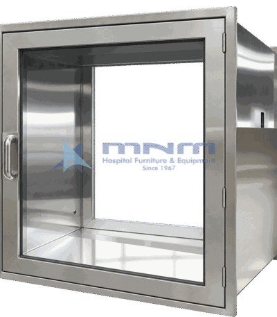 Stainless steel pass through cabinet built into a wall with glass viewing doors on both sides and a tubular pull handle