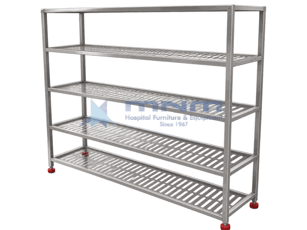 Stainless steel five tier storage rack with perforated slotted shelves, welded frame and red adjustable levelling feet